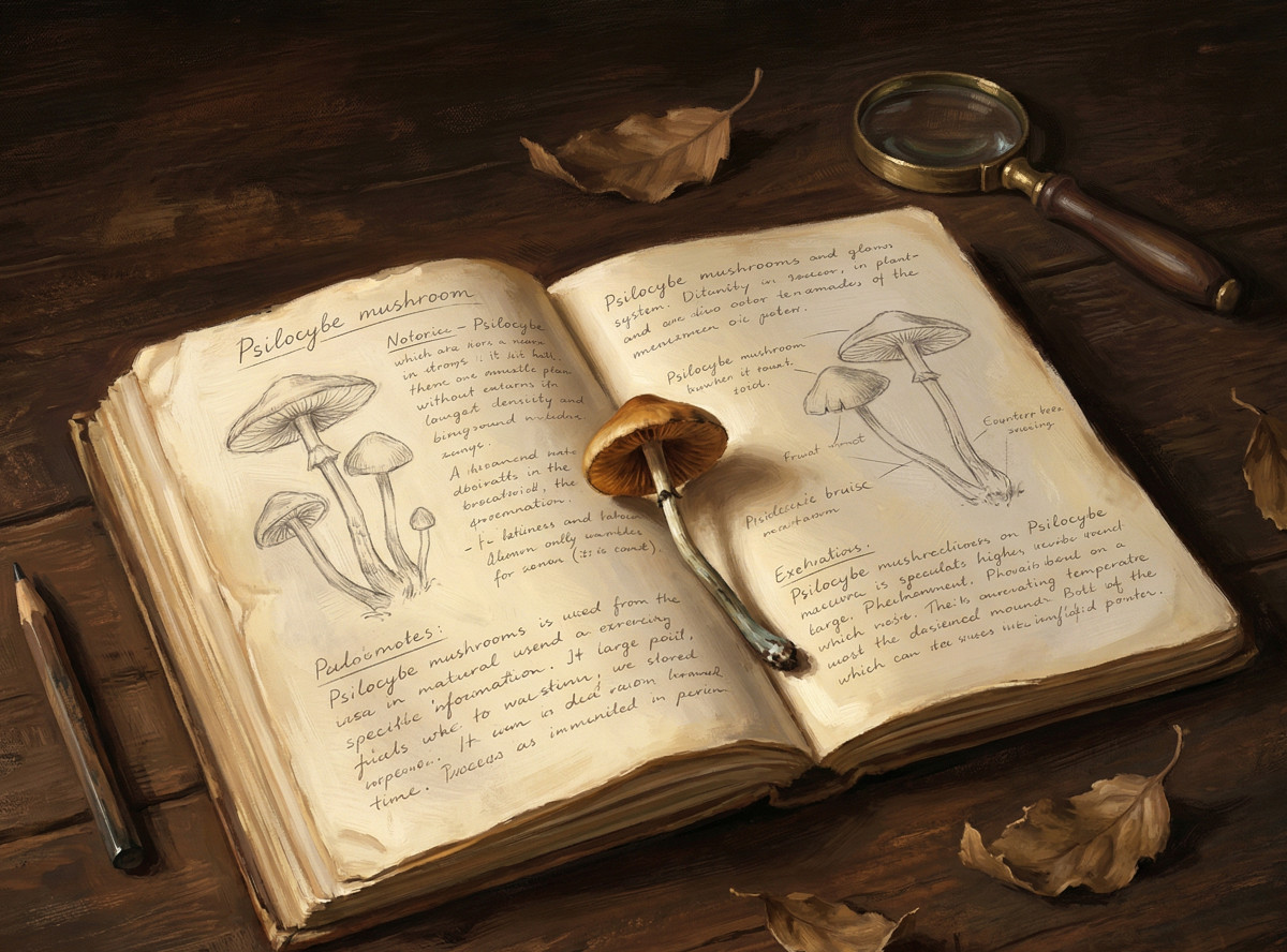 Cuaderno de campo abierto con ilustraciones botánicas y notas manuscritas sobre hongos Psilocybe
