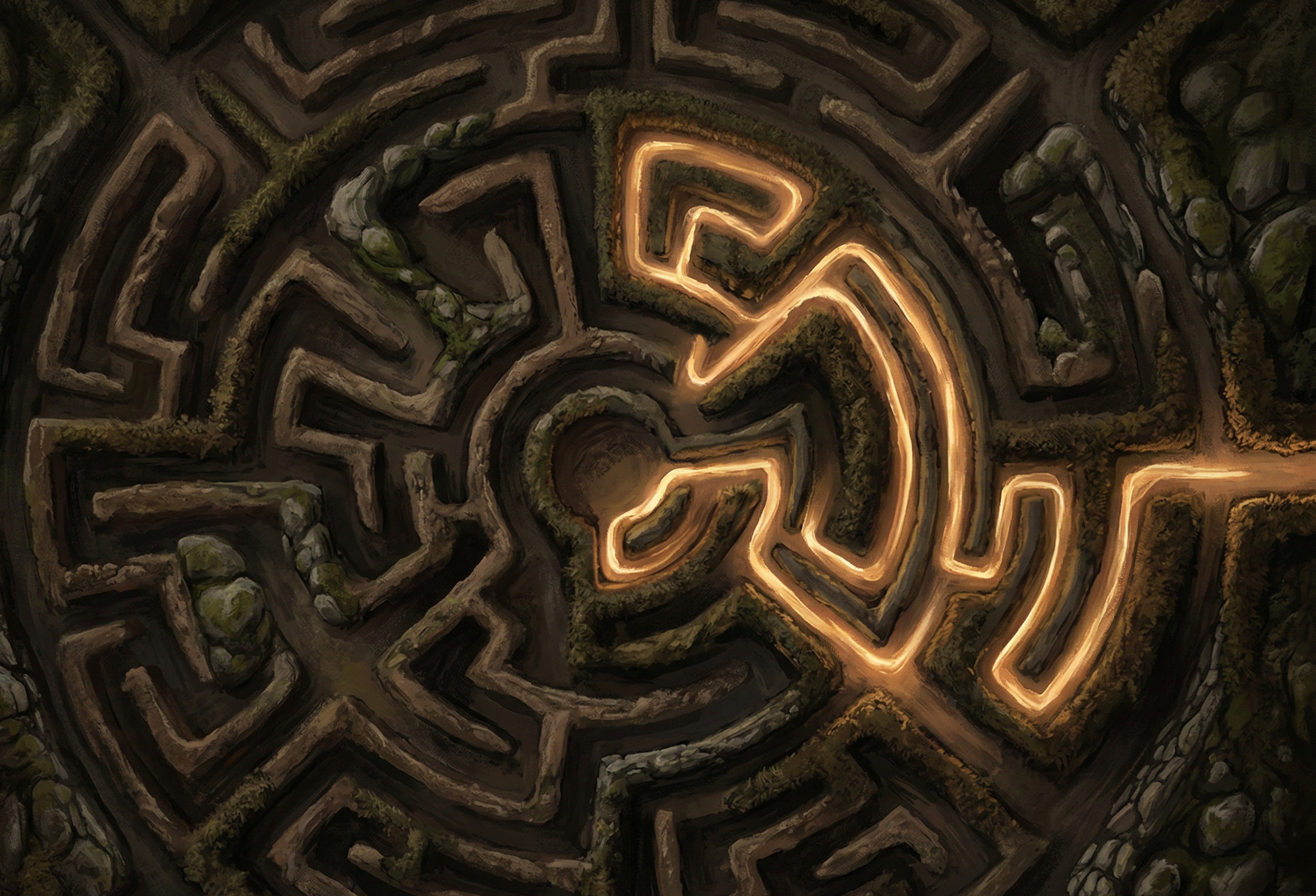 Vista aérea de un laberinto circular de piedra y tierra oscura, con un único camino que brilla en ámbar.