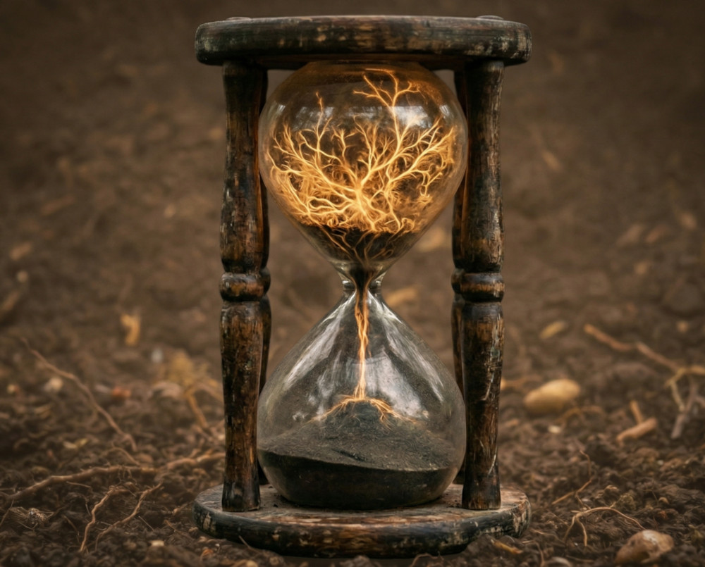 Reloj de arena con raíces luminosas emergiendo hacia arriba