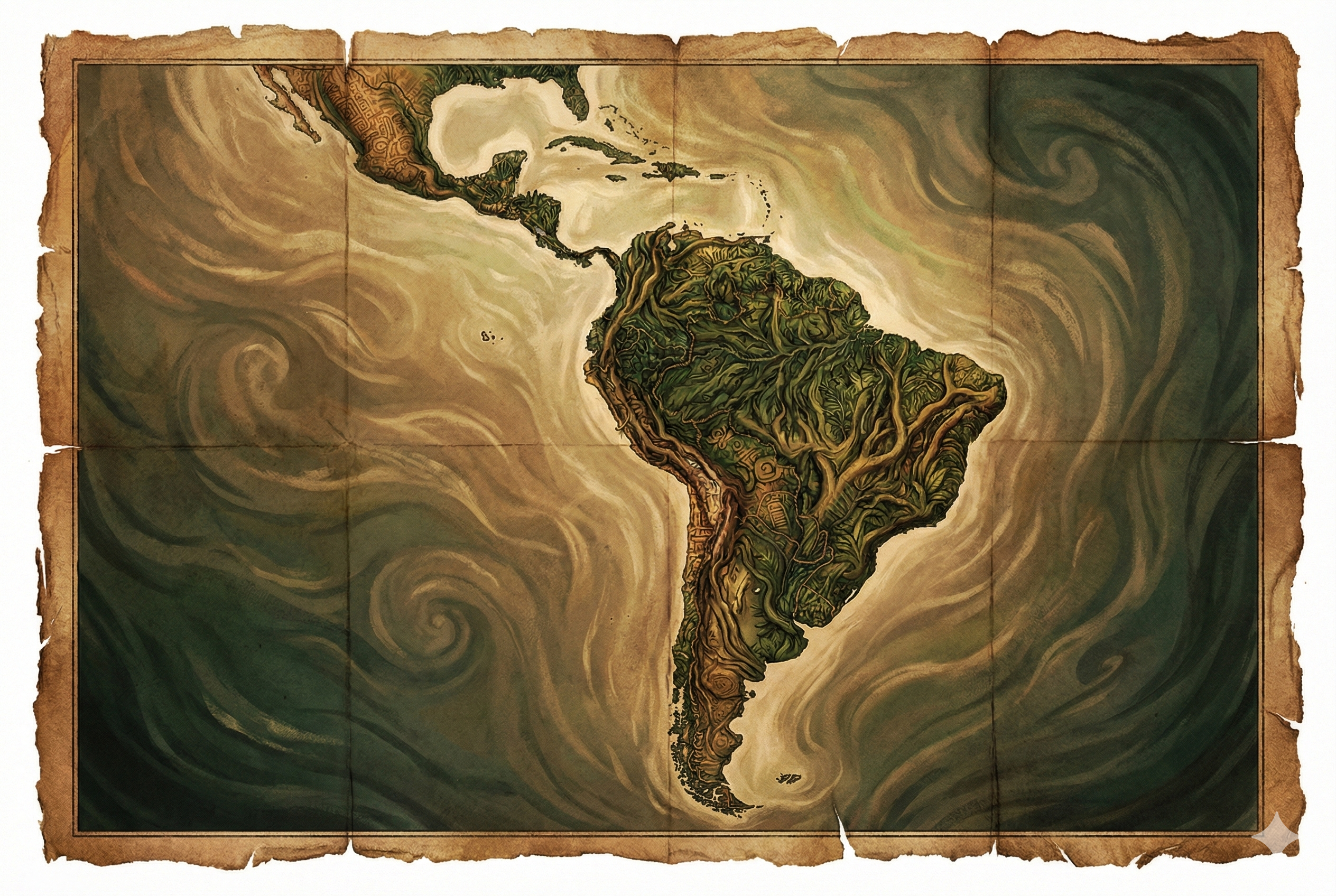 Ilustración editorial estilo mapa antiguo de Latinoamérica. El continente está representado como una masa de vegetación densa y raíces entrelazadas, simbolizando el arraigo cultural y el uso tradicional de los hongos psilocibios en la región.