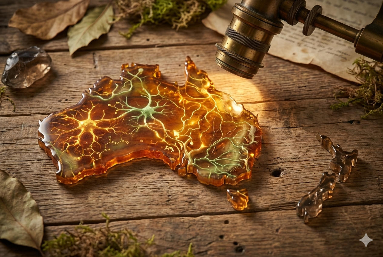 Fotografía de estilo editorial que muestra un microscopio antiguo de latón enfocando un mapa de Australia hecho de resina de ámbar translúcida