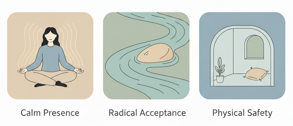 Presencia tranquila, Aceptación radical y Seguridad física. La calma y el respeto son las herramientas esenciales para sostener el espacio durante una experiencia intensa.