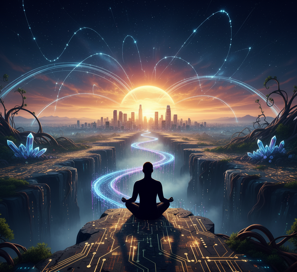 Silhueta meditando em um espaço digital
