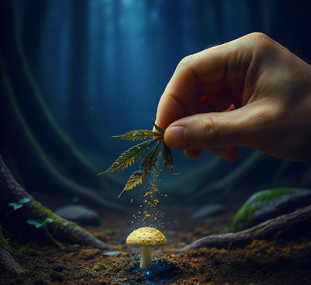 Hoja de cannabis sobre una seta