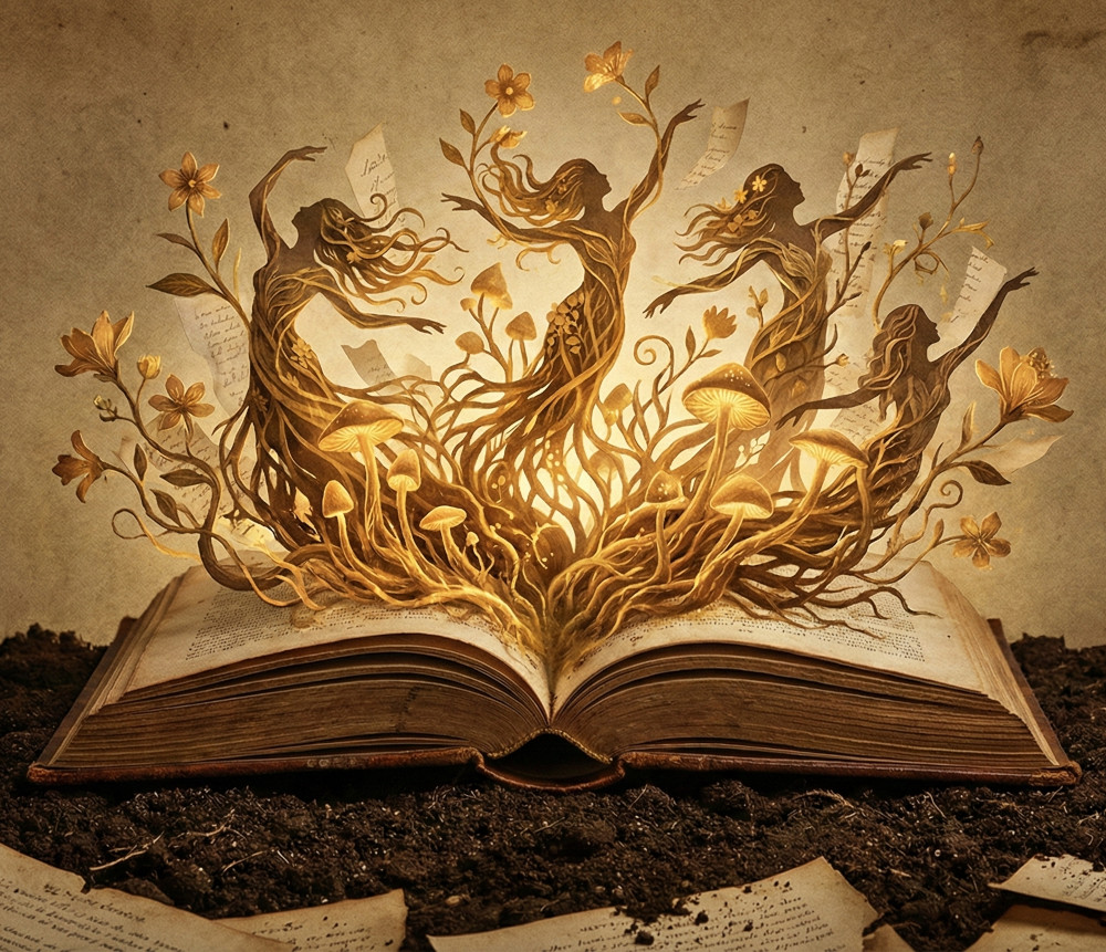 Un libro antiguo abierto del que brotan raíces doradas con siluetas de mujer
