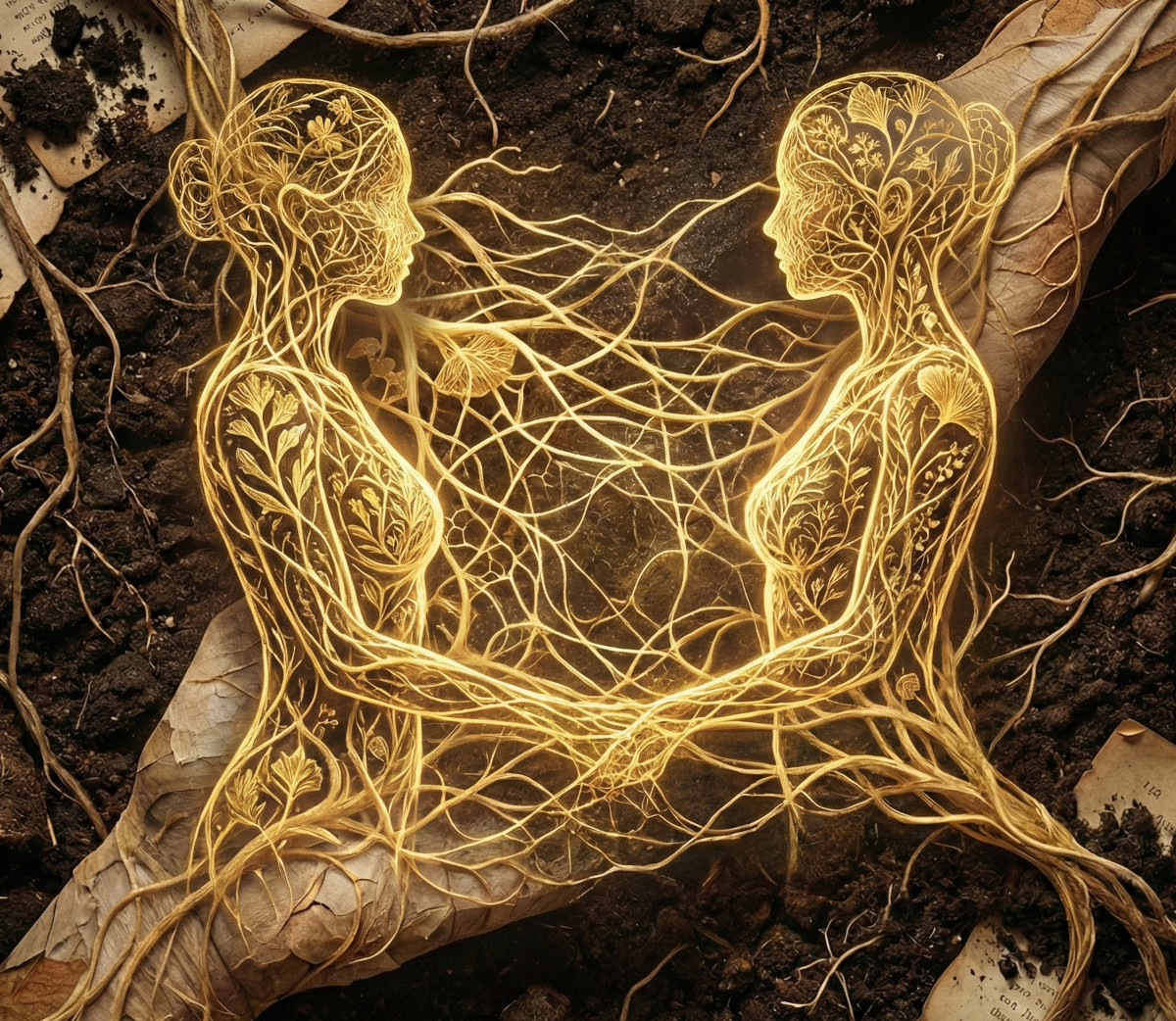 Dos siluetas están conectadas por una red de micelio dorado
