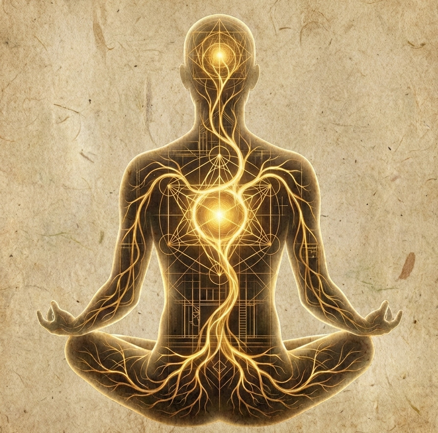 Ilustración de estilo collage sobre papel antiguo que muestra una silueta humana sentada de espaldas en posición de meditación.