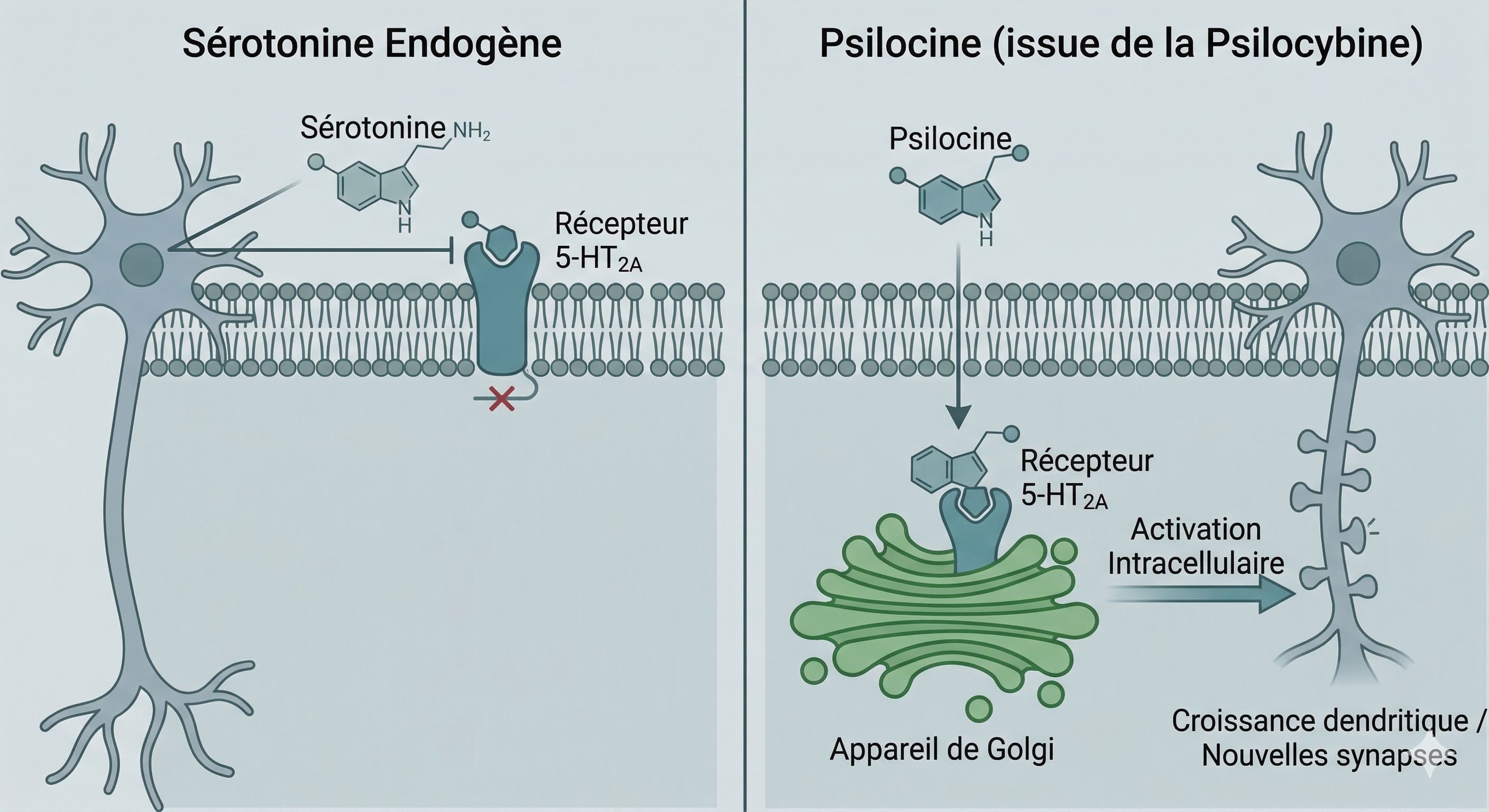 Diagramme comparatif en deux colonnes : à gauche, la sérotonine endogène se lie au récepteur 5-HT2A à la surface cellulaire sans générer d'effet intracellulaire ; à droite, la psilocine traverse la membrane, active le récepteur 5-HT2A dans l'appareil de Golgi et déclenche la croissance dendritique et de nouvelles synapses.