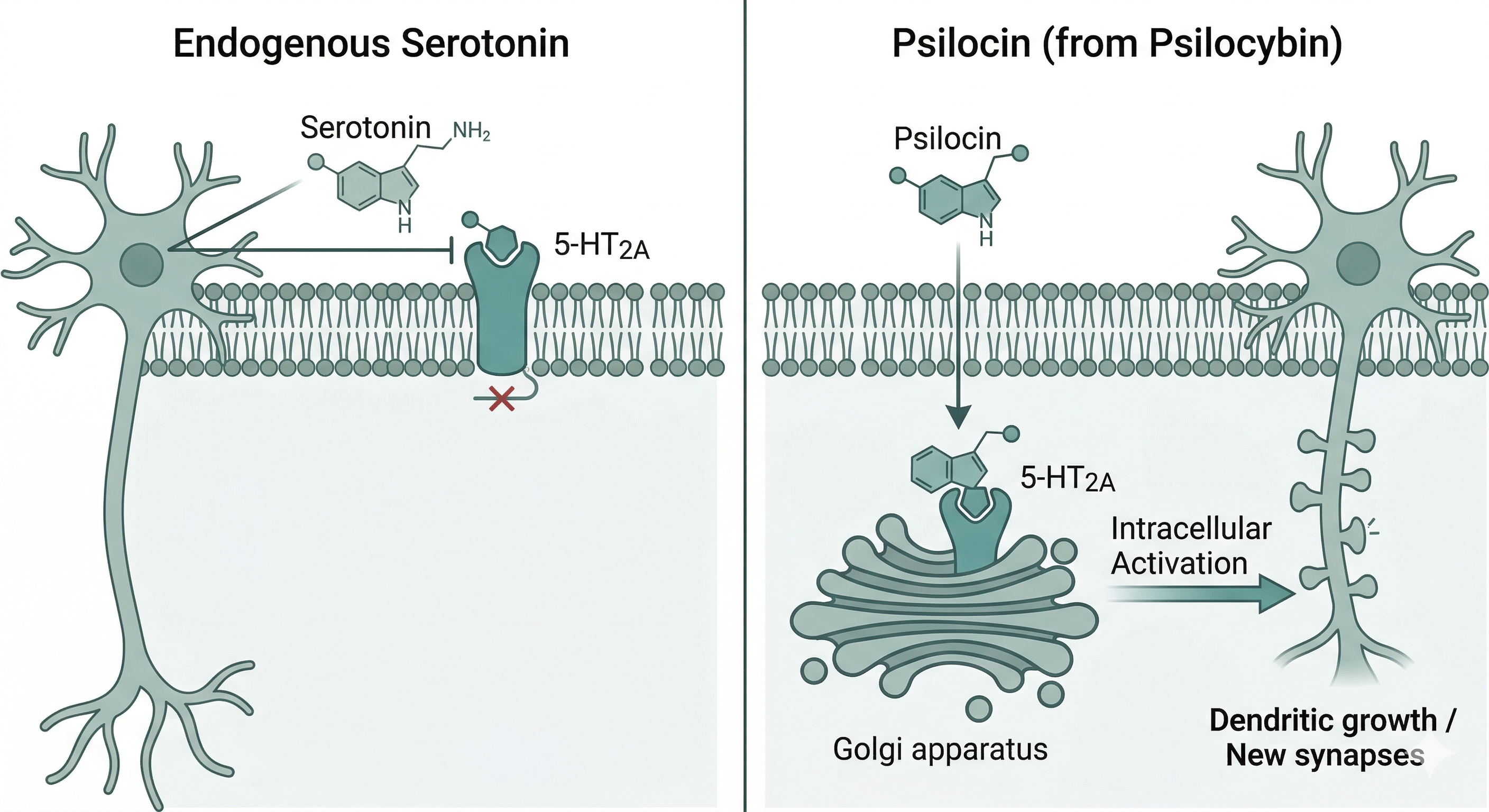 Sammenlignende diagram i to kolonner: til venstre binder endogent serotonin sig til 5-HT2A-receptoren på celleoverfladen uden at generere en intracellulær effekt; til højre krydser psilocin membranen, aktiverer 5-HT2A-receptoren i Golgi-apparatet og udløser dendritisk vækst og nye synapser.