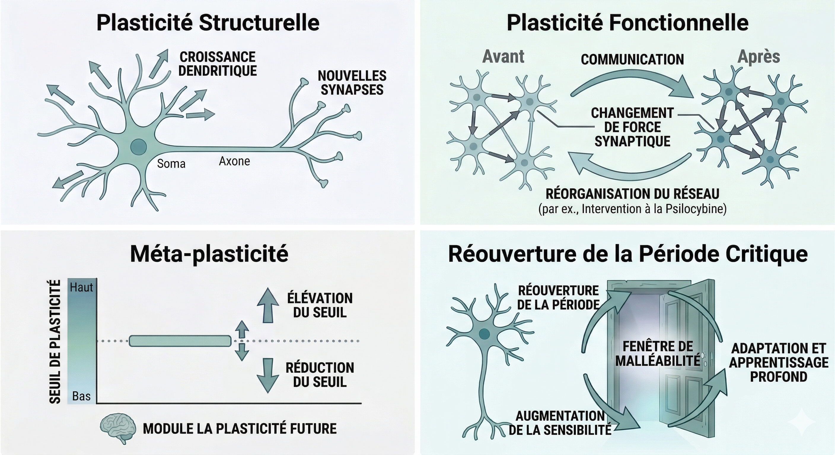 Diagramme en quatre quadrants illustrant les types de neuroplasticité : plasticité structurelle, plasticité fonctionnelle, méta-plasticité et réouverture des périodes critiques.