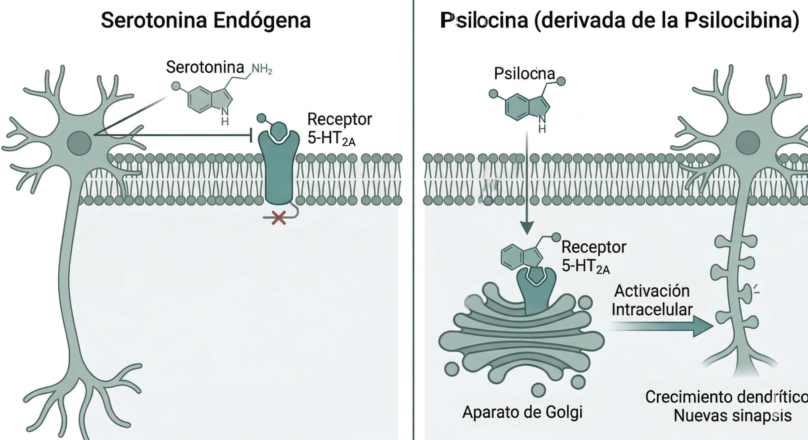 Diagrama comparativo en dos columnas: a la izquierda, la serotonina endógena se une al receptor 5-HT2A en la superficie celular sin generar efecto intracelular; a la derecha, la psilocina atraviesa la membrana, activa el receptor 5-HT2A en el aparato de Golgi y desencadena crecimiento dendrítico y nuevas sinapsis.
