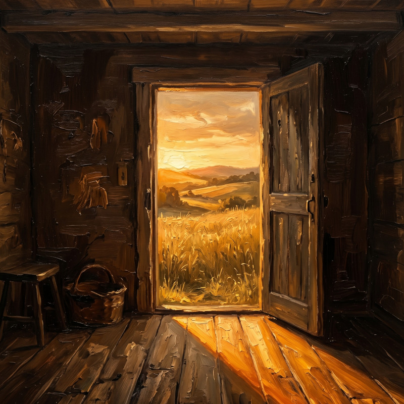 Puerta entreabierta entre una habitación en penumbra y un paisaje dorado al atardecer, pintura al óleo